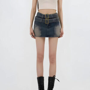 Double Belted Denim Mini Skort