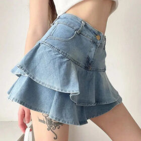 Layered Ruffled Denim Mini Skirt - Image 4