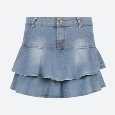 Layered Ruffled Denim Mini Skirt - Image 2
