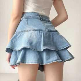 Layered Ruffled Denim Mini Skirt - Image 3